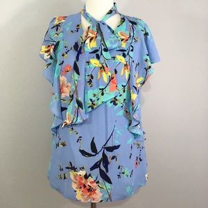 NWT Worthington Front Tie Print Ruffle Sleeve Top
